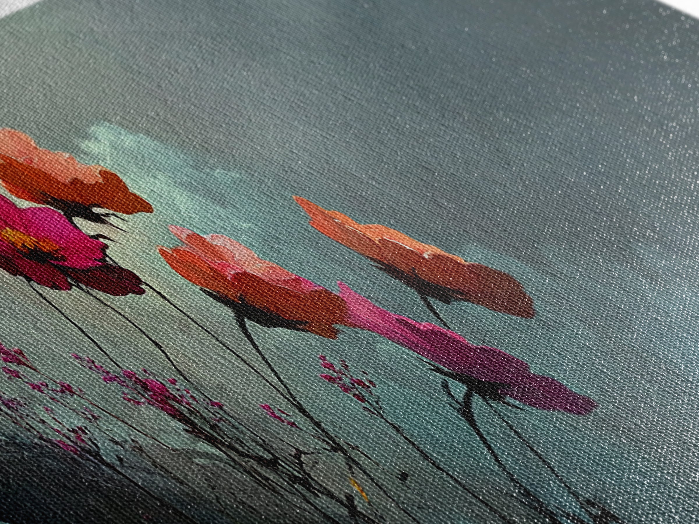 Beautiful Wild Flowers In The Clouds, Mountain Painting Canvas Print, Moody Decor, Muted and Subdued Wall Art, Centerpiece Art