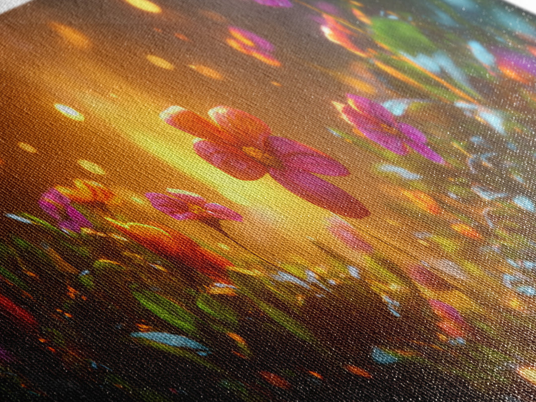 Beautiful 3D Rendered Flower Canvas Print, Wild Flowers In The Morning Dew at Sunset, Panoramic Extra Wide Wall Art