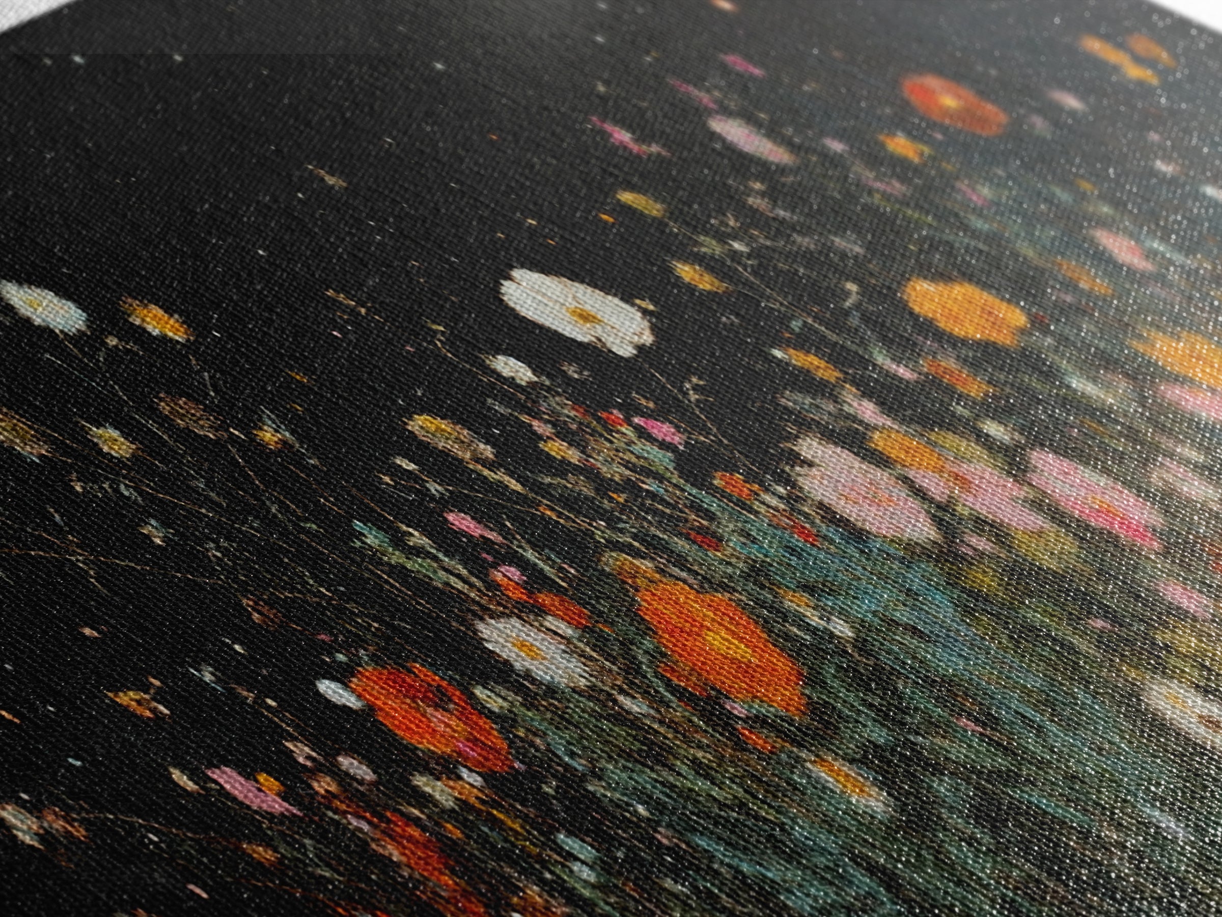 Dark & Moody Wild Flowers Under a Full Moon, Framed Canvas Print, Panoramic Extra Wide Wall Art, Oversized Home Decor