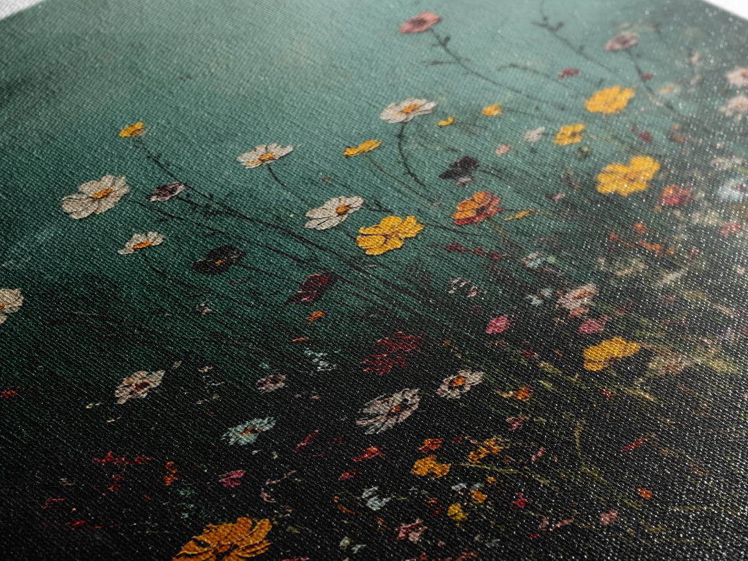 Dark & Moody Wild Flowers Print, Framed Canvas, Boho Decor, Wildflowers in a Rain Storm, Modern Farmhouse, Rustic Decor