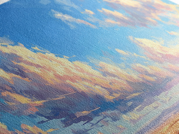 Panoramic Oil Painting Print of A Cloudy Sky Framed Canvas Print, Boho Minimalist Home Decor, Guest Room Wall Art