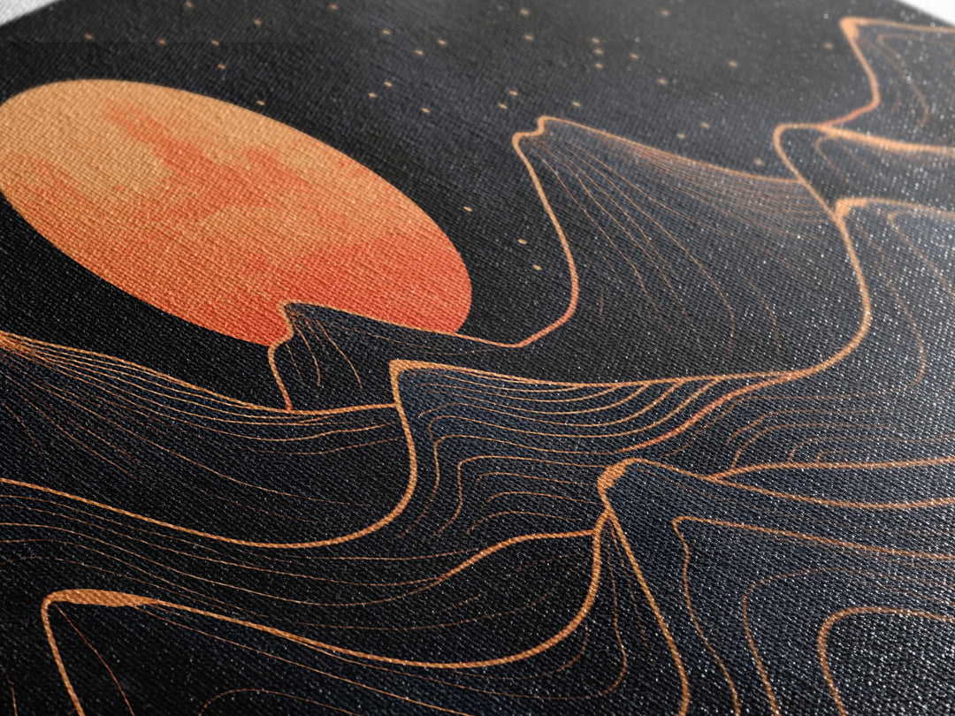 Art Deco Style Abstract Art, Orange Blood Moon Over Mountain Landscape, Retro Home Decor