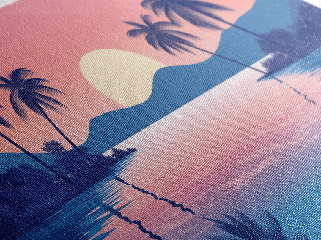 Abstract Vaporwave Sunset Over A Beach Landscape, Framed Canvas Print, Modern Art, Unique Wall Decor, Framed Canvas Art