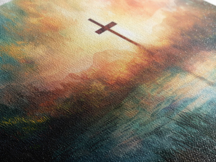 Christian Wall Art Landscape Painting Canvas Print, Beautiful Cross and Sunset, Christianity Home Decor