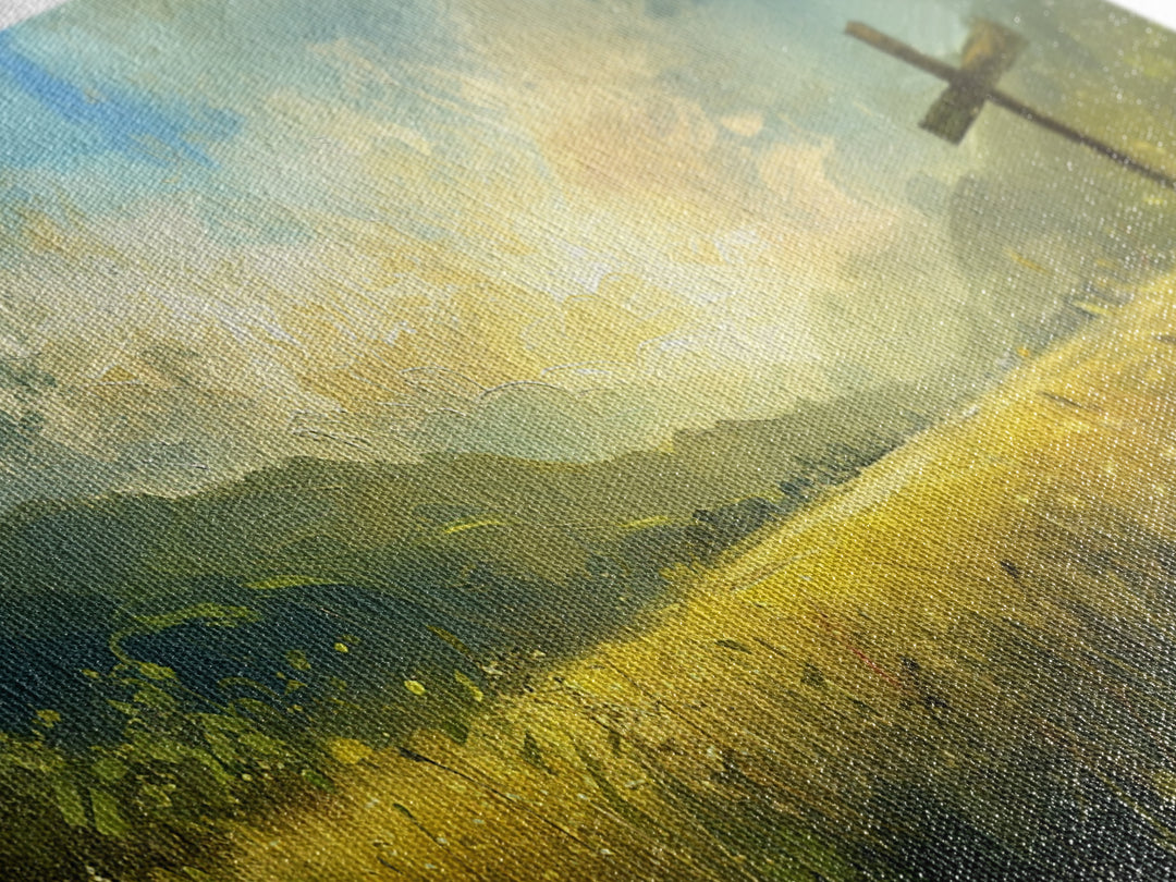 Cross In a Field Of Grass Framed Canvas Print, Christian Wall Art, Landscape Painting, Faith Decor, Cross Painting