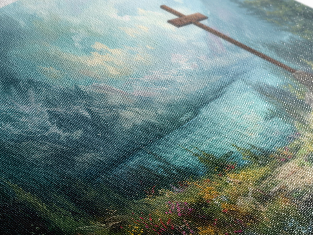 Cross In The Mountains Framed Canvas Print, Christian Faith Wall Art, Beautiful Landscape Painting