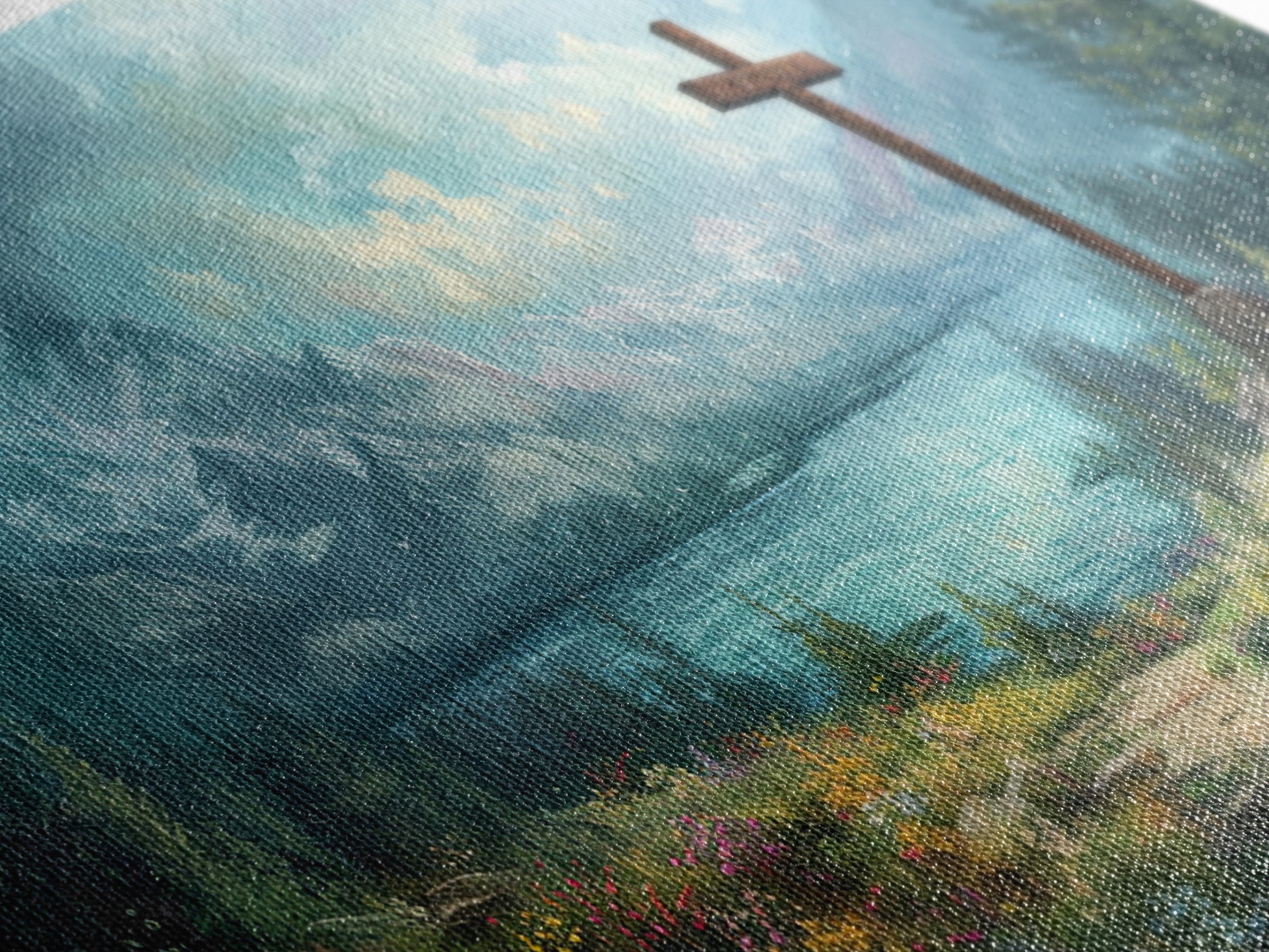 Cross In The Mountains Framed Canvas Print, Christian Faith Wall Art, Beautiful Landscape Painting