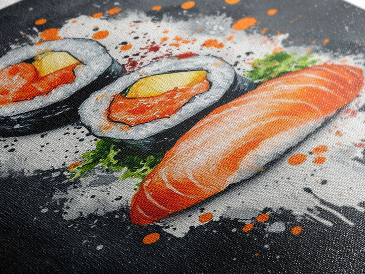 Abstract Oil Painting Canvas Print of Sushi on Black background, Food Review Kitchen Art, Kitchen Decor, Wabi Sabi Wall Art, Sushi Painting