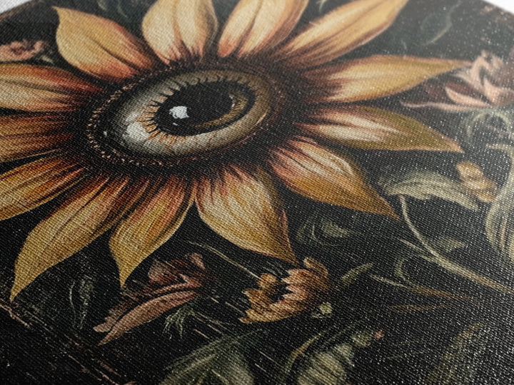 Cyclops Sunflower Framed Canvas Print - Spooky Home Decor - Halloween Wall Art - Dark Academia Macabre Wall Art Goth Botanical Art
