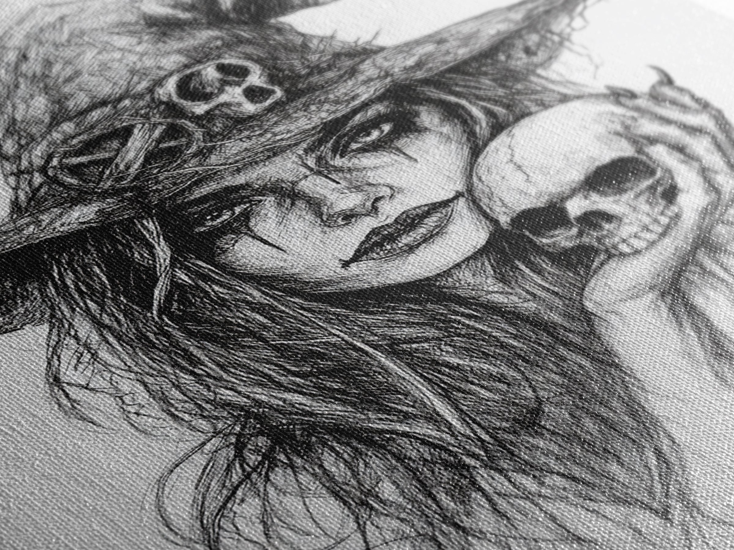 Charcoal Sketch Portrait Of a Witch Canvas Print, Dark Academia Wall Art, Moody Decor, Macabre Home Decor, Witchy Wall Art, Halloween Art