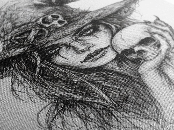 Charcoal Sketch Portrait Of a Witch Canvas Print, Dark Academia Wall Art, Moody Decor, Macabre Home Decor, Witchy Wall Art, Halloween Art
