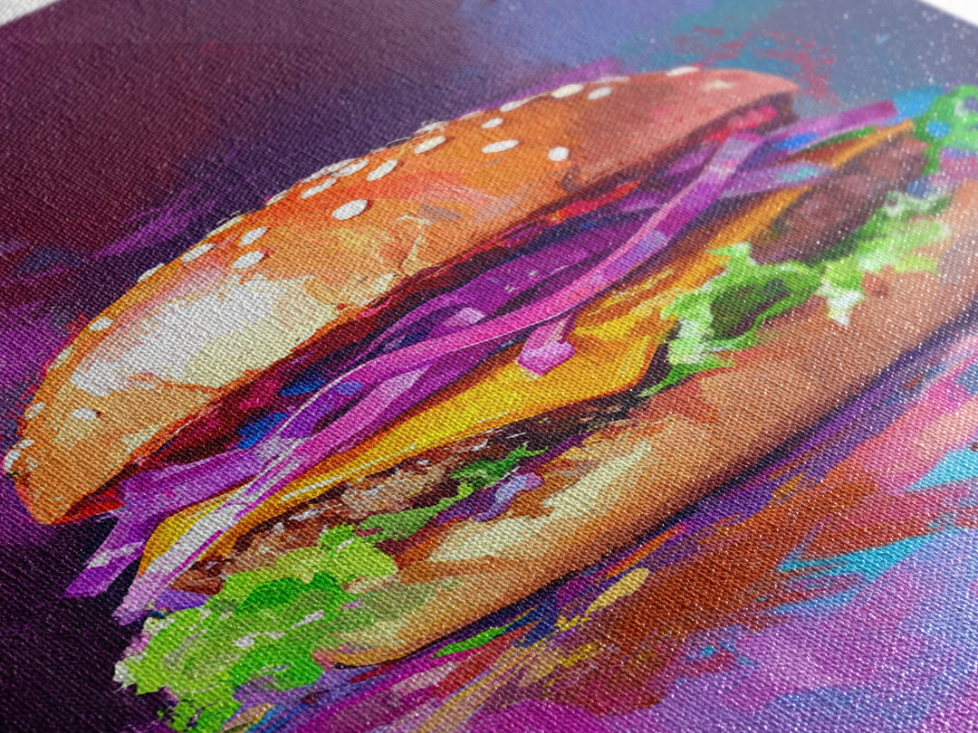 Cheeseburger Oil Painting Canvas Print, Hamburger Wall Art, Kitchen Painting, Kitchen Wall Art, Food Print, Restaurant Decor