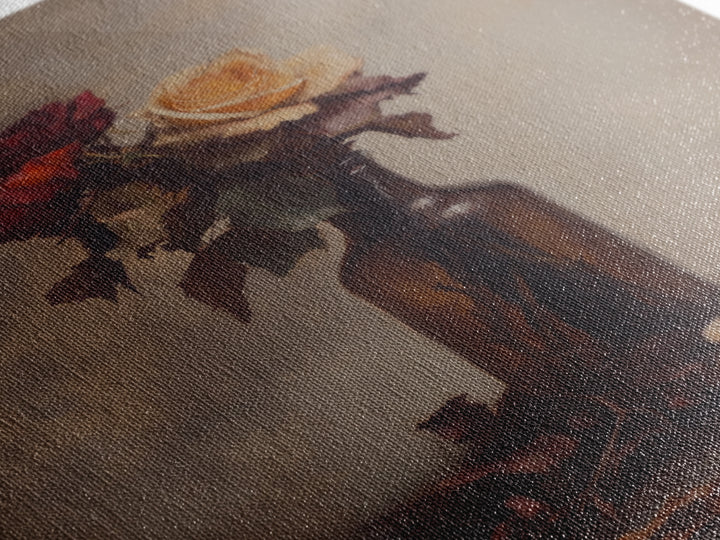 Roses in a Wine Bottle Oil Painting Print, Still Life of Roses, Rose Painting, Rose Art, Moody Decor, Subdued Art