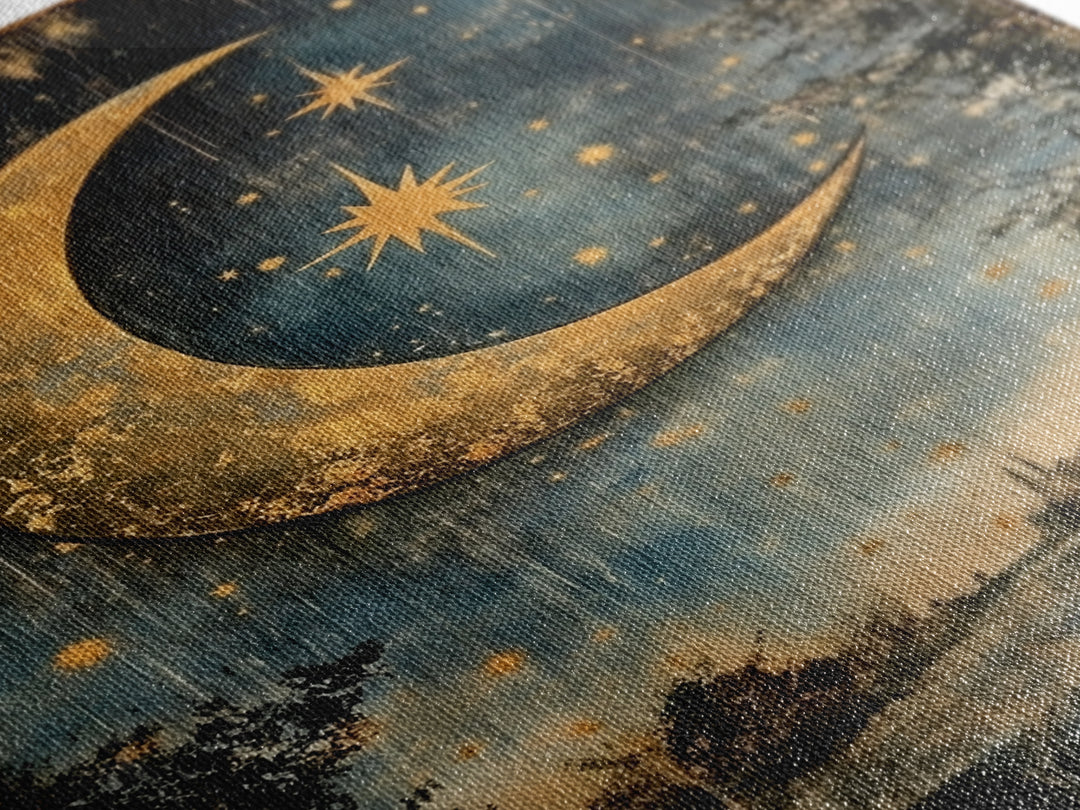 Crescent Moon in Starry Night Sky, Folk Art Framed Canvas Print, Boho Eclectic Decor, Minimalist Witchy Wall Art, Moody Decor