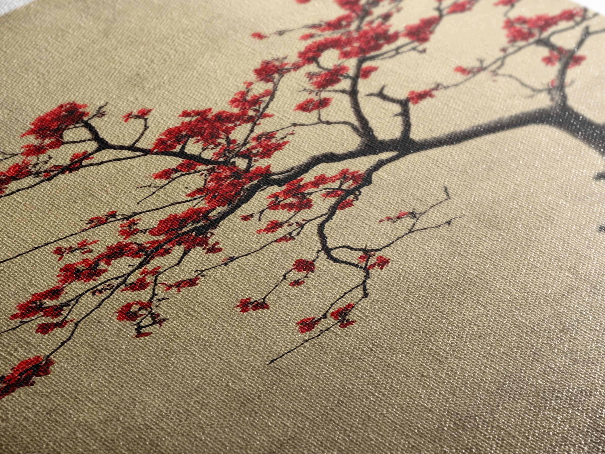 Japanese Maple Tree in Spring, Framed Canvas Print, Cherry Blossoms Painting, Wood Framed Living Room Art, Minimalist Decor