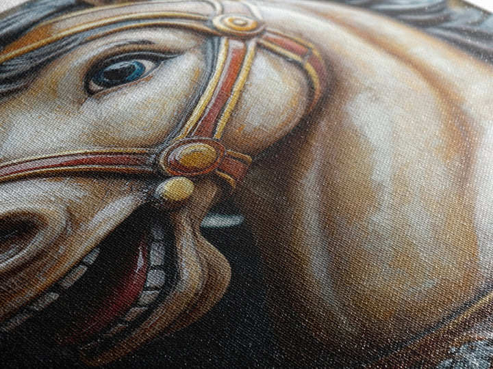 Creepy Carrousel Horse Framed Canvas Print, Nursery Decor, Wood Framed Wall Art Home Decor