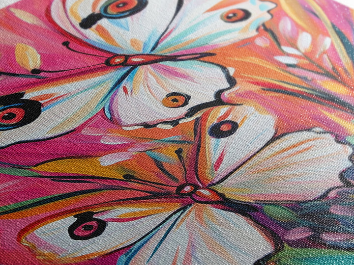 Abstract Painting Print of White Butterflies on Pink Background, Home Decor, Preppty Wall Art, Framed Canvas Print