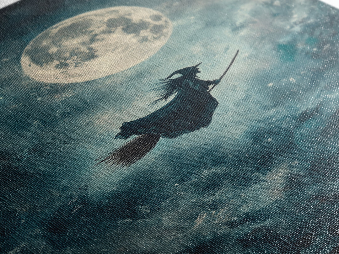 Witchy Decor, Witch Wall Art, Witch Riding a Broom Under a Full Moon, Witch Painting, Framed Canvas Print, Witchy Wall Art, Halloween Decor