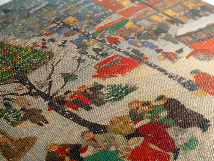 Christmas Village Home Decor - Framed Canvas Print - Retro Christmas Village Painting - Christmas Shoppers Painting - Retro Christmas Decor