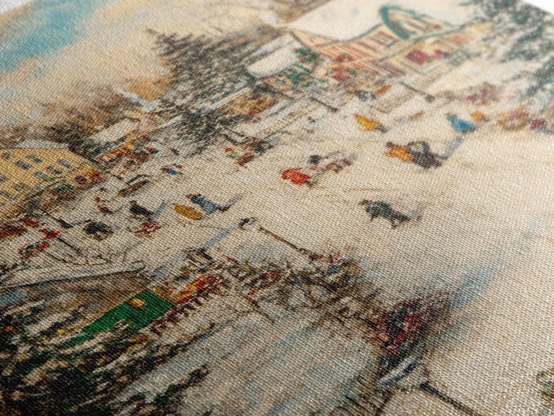 Christmas Village Mantle Painting, Christmas Mantle Wall Art, Framed Canvas Print, Retro Christmas, Vintage Christmas Painting Wall Art