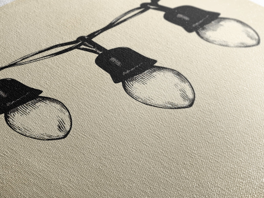 Black and White Sketch of Christmas Lights Canvas Print - Framed Canvas - Minimalist Christmas Art - Boho Christmas Art - Rustic Christmas Art