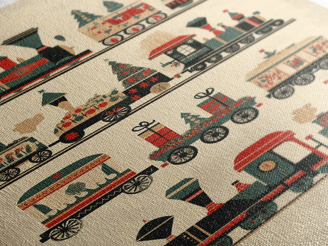 Cute Christmas Trains Canvas Print - Framed Canvas - Minimalist Christmas Art - Boho Christmas Art - Rustic Christmas Art