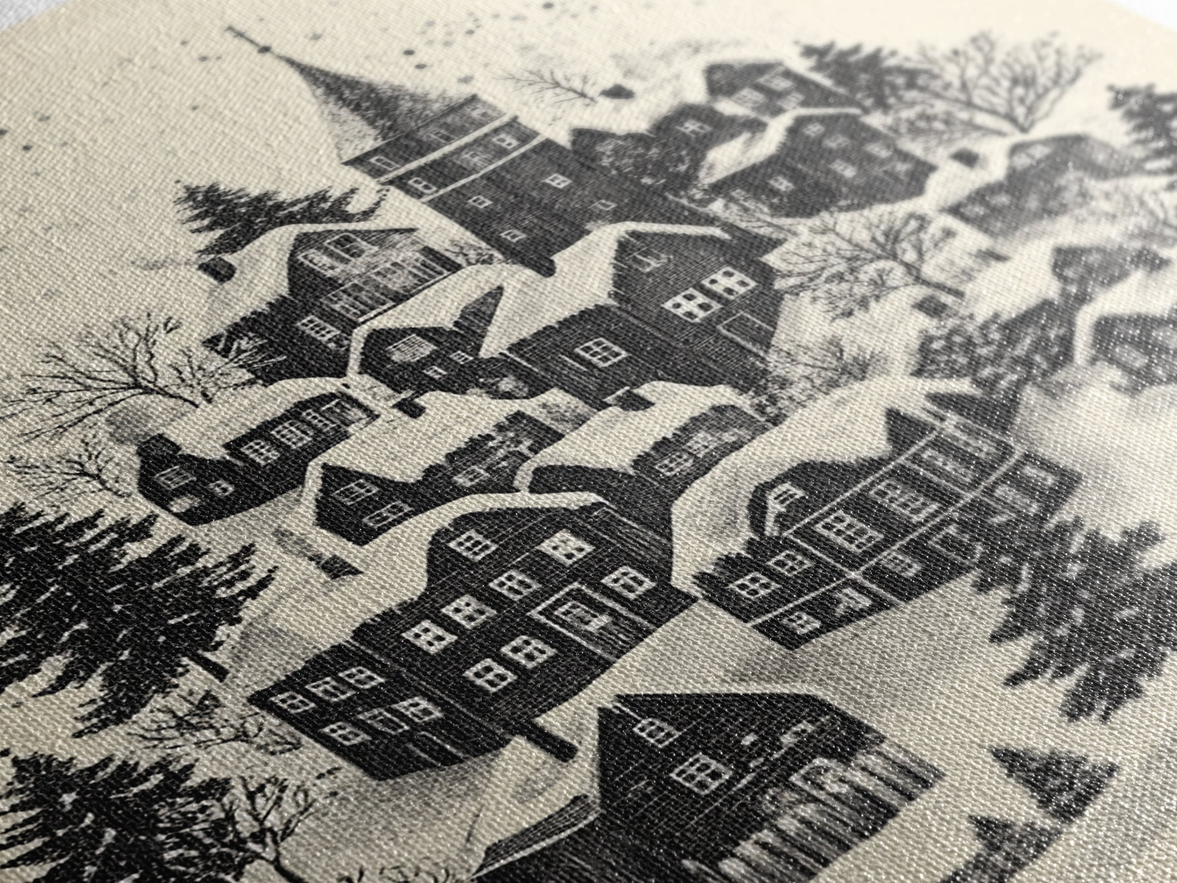 Black and White Sketch of A Christmas Village Canvas Print - Framed Canvas - Minimalist Christmas Art - Boho Christmas Art - Rustic Christmas Art