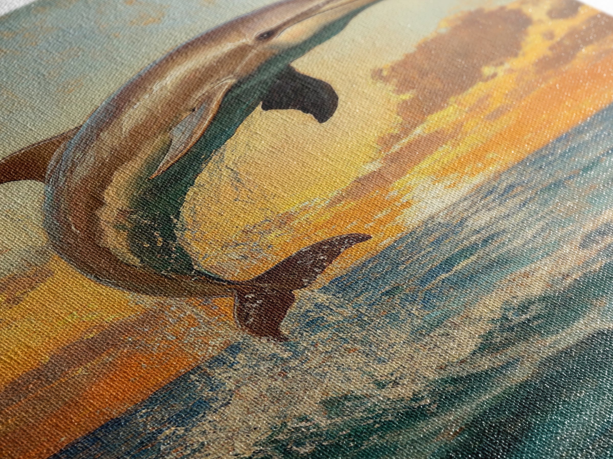Dolphin Jumping At Sunset, Framed Canvas Print, Dolphin Painting, Dolphin Decor, Dolphin Wall Art