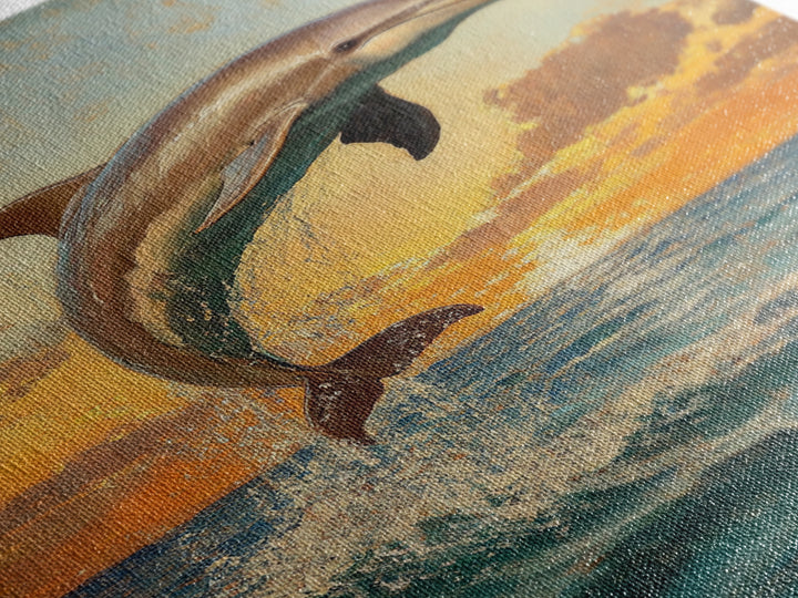 Dolphin Jumping At Sunset, Framed Canvas Print, Dolphin Painting, Dolphin Decor, Dolphin Wall Art