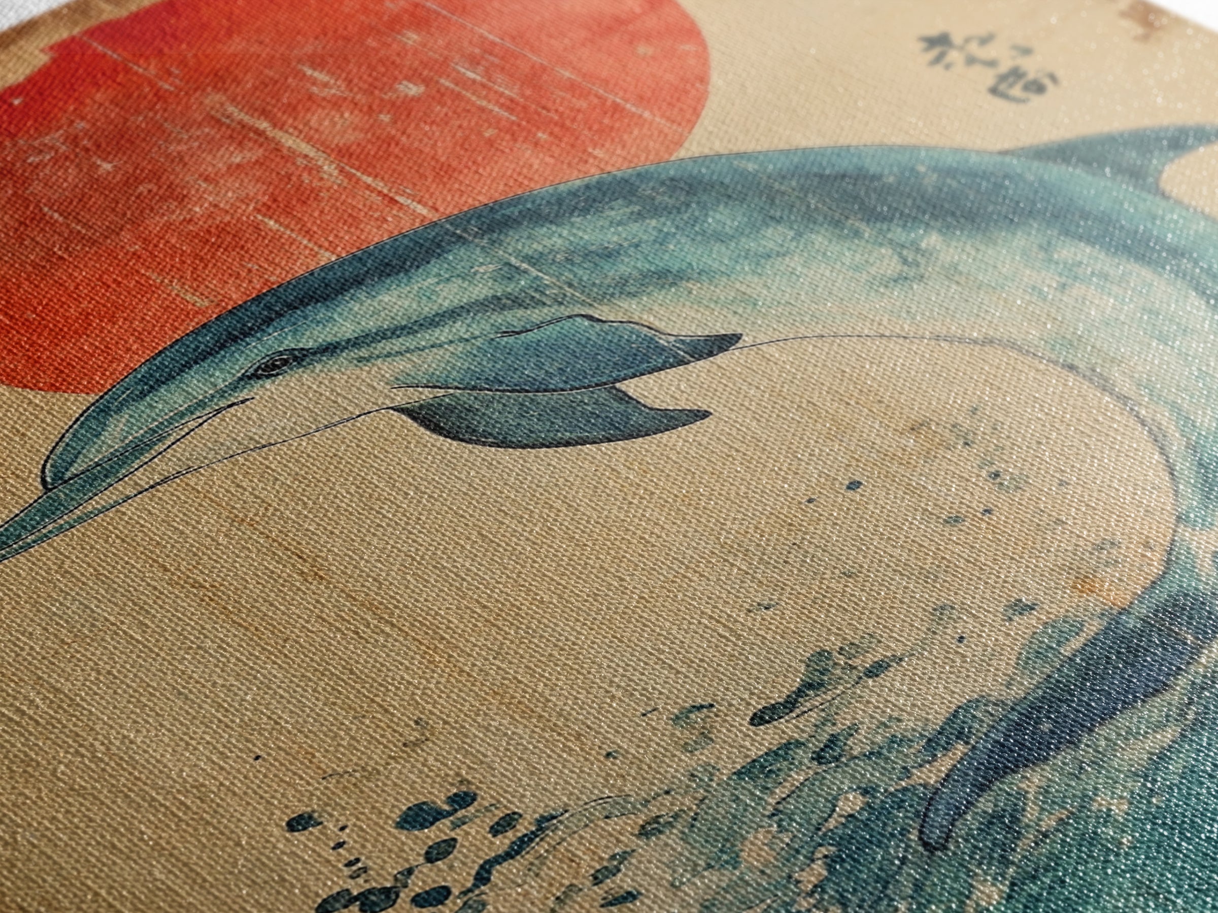 Dolphin Jumping Under A Sunset Over the Ocean Framed Canvas Print, Wabi Sabi Nautical Home Decor, Minimalist Wall Art, Office Decor