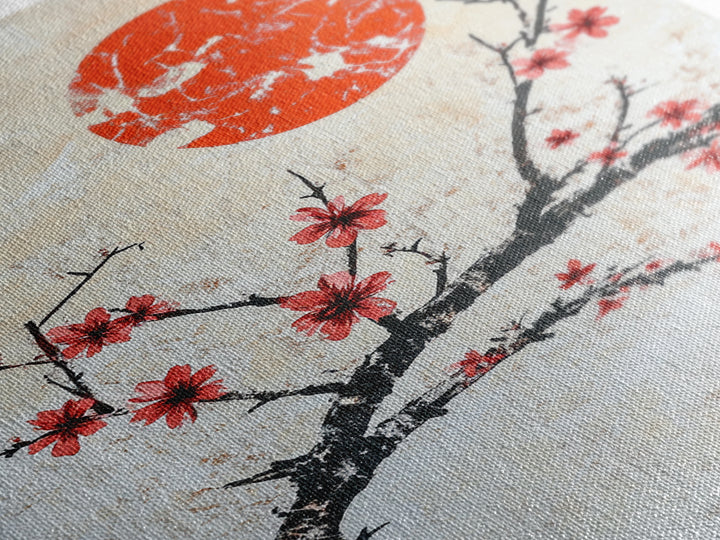 Cherry Blossoms and Sunset Framed Canvas Print - Minimalist Wabi Sabi Wall Art - Cherry Blossoms Painting - Home Decor - Japanese Style Art