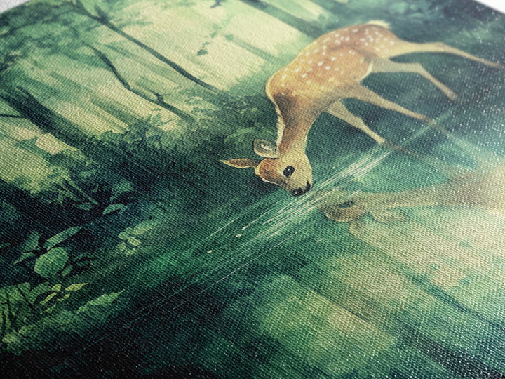 Young Deer Drinking Water In The Forest Painting Print, Wood Framed Canvas, Animal Prints, Nursery Decor, Framed Wall Art Home Decor