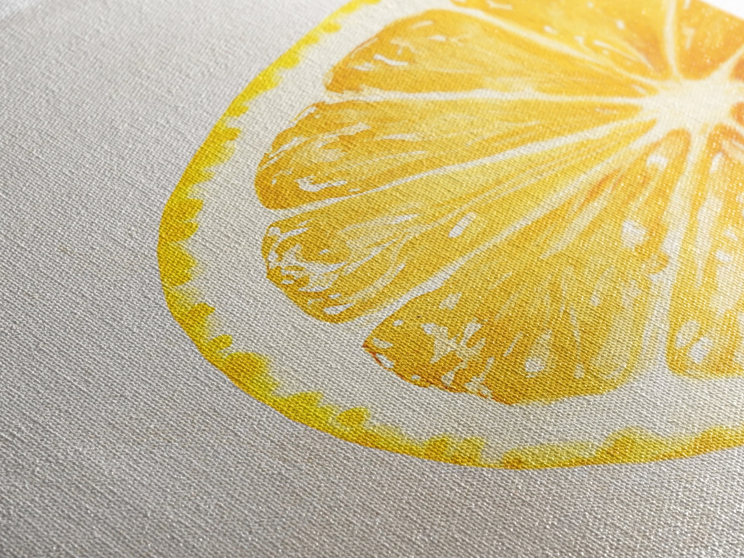 Closeup of a Lemon Wedge Framed Canvas Print, Original Still Life Painting of a Lemon, Housewarming Gift, Kitchen Food Wall Art, Kitchen Decor