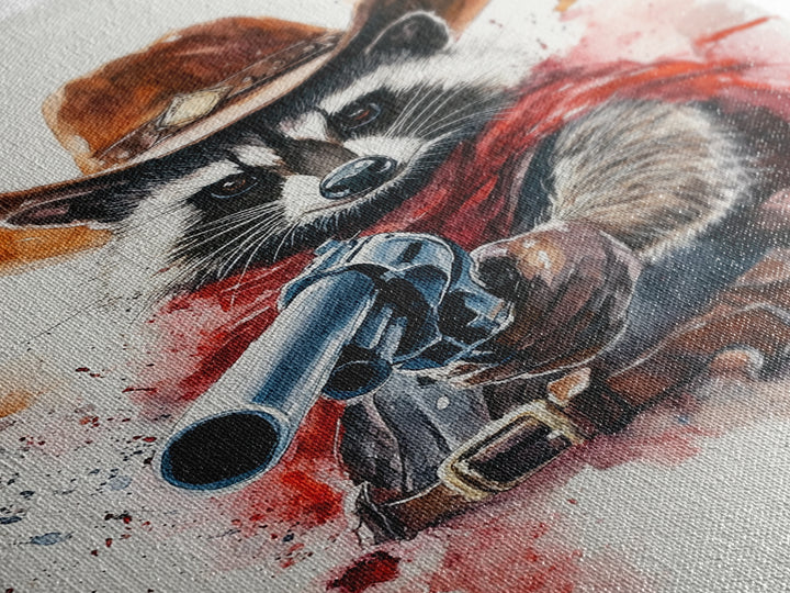 Wild West Racoon Cowboy Watercolor Painting Print, Rustic Home Decor, Framed Canvas Ready To Hang
