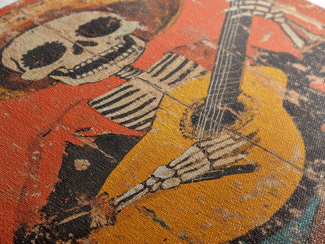 Arte Mexicano - Framed Canvas Print - Chicano Art - Skeleton Vaquero playing a guitarra, Mexican Inspired Wall Art, Southwestern Art