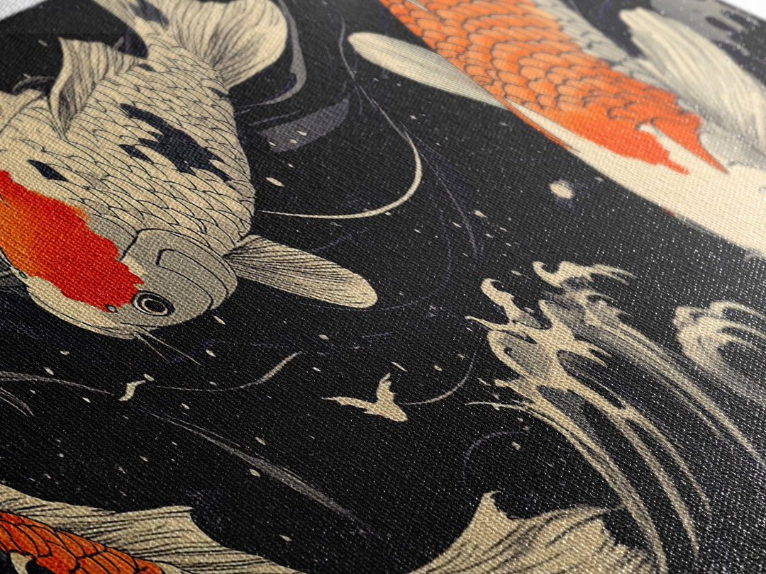 Wabi Sabi Boho Painting Print of Ko Fish, Japanese Style Decor, Panoramic Horizontal Wall Art, Extra Wide 70 Inch Wall Art, 72 Inch Wide Art