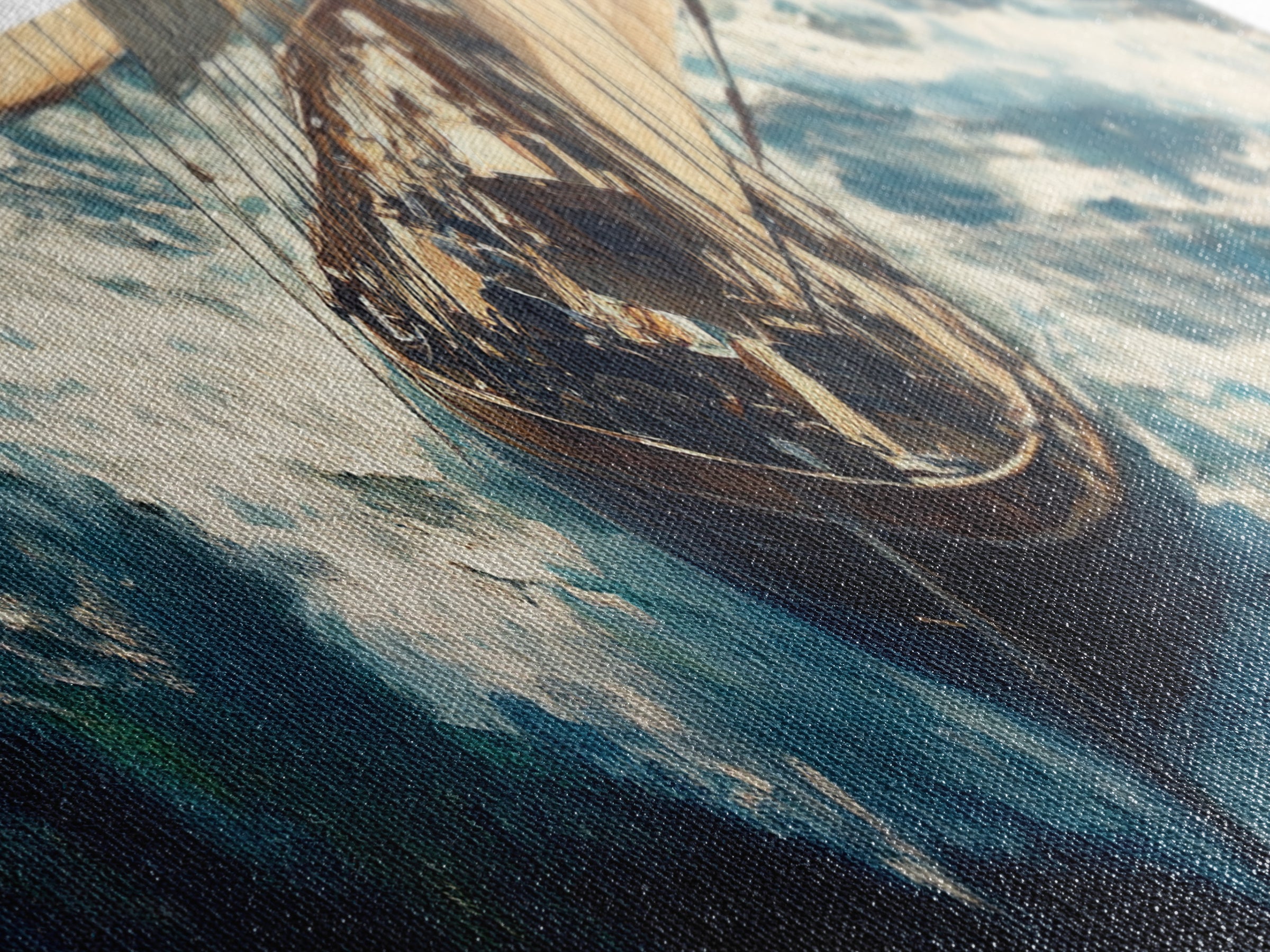 The Storm - Sailboat Battles a Hurricane Framed Canvas Print Panoramic Nautical Decor Fisherman Painting Nautical Landscape Painting