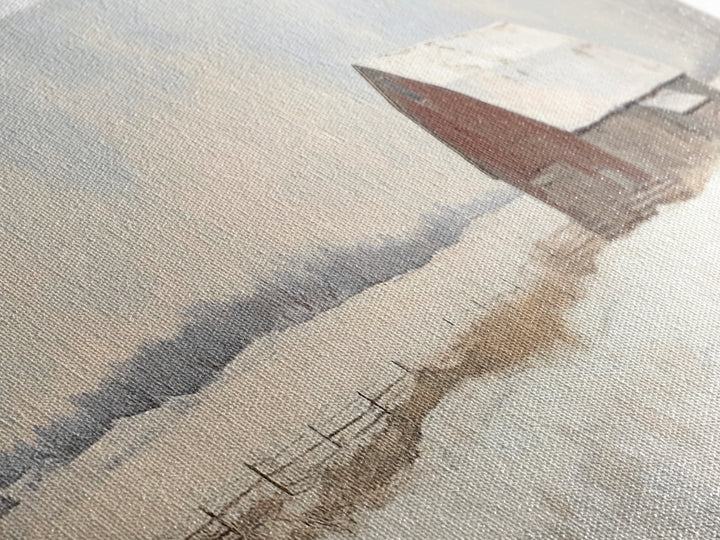 Barn Landscape Oil Painting Print - Retro Farm Wall Art - Village Wall Art - Old Red Barn In Winter - Winter Landscape - Winter Centerpiece Art