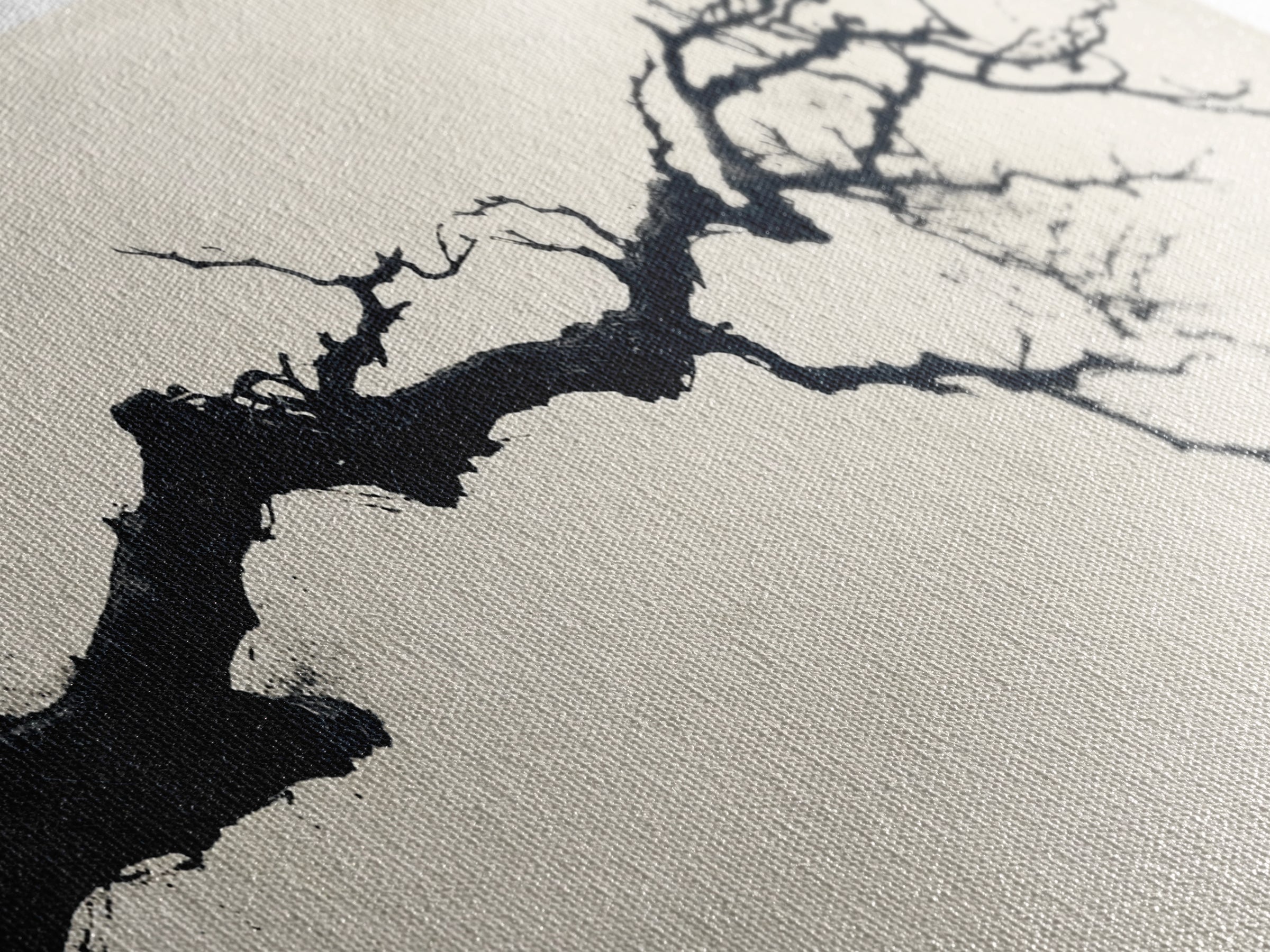 Black and White Wall Art, Framed Canvas Print, Dead Branch Painting on a Black Background, Charcoal Sketch, Charcoal Painting Wall Art