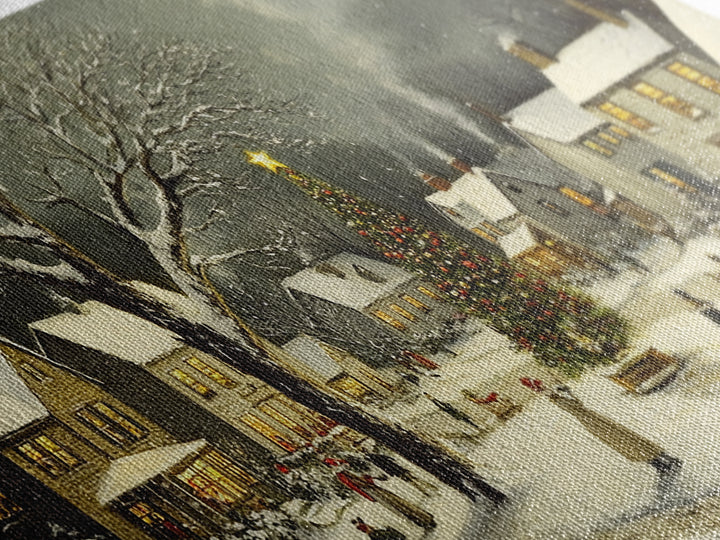 Bustling Christmas Street Scene Oil Painting Canvas Print, Snowy Holiday Night, Festive Victorian Christmas Village Oil Painting, Christmas Decor