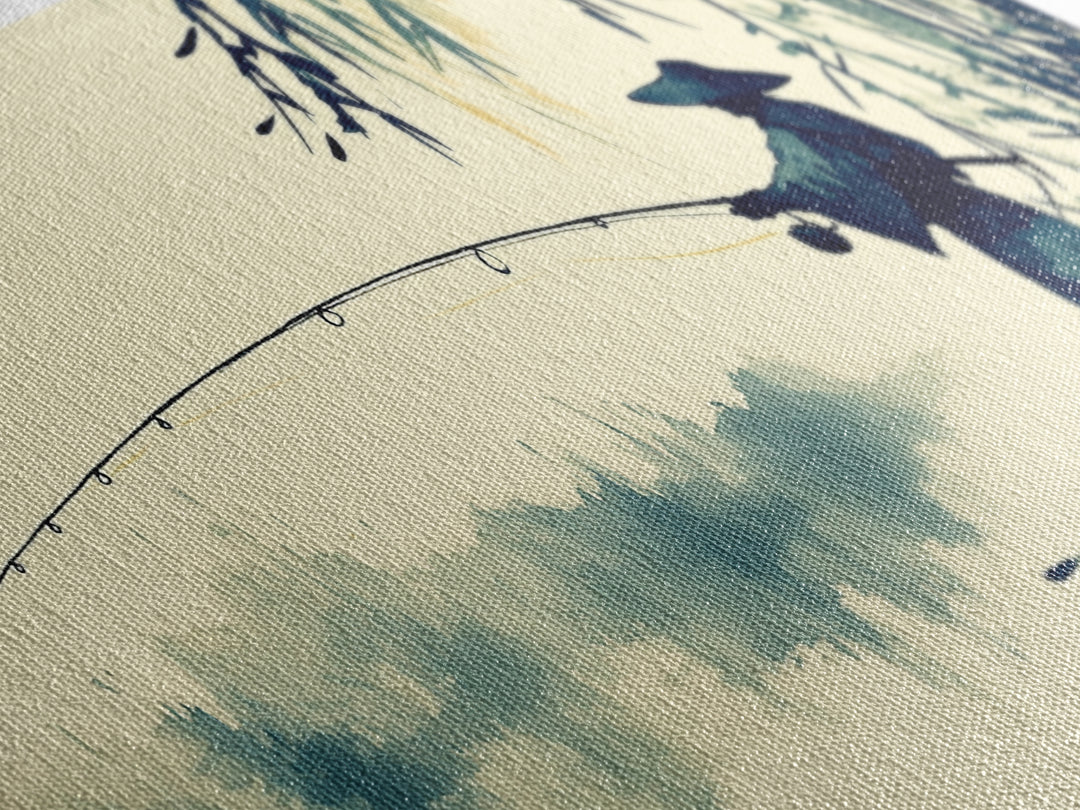Watercolor Painting Print of a Fisherman - Elegant Japanese Style Artwork - Framed Canvas Print Ready to Hang - Coastal Wall Art - Fishing Gift