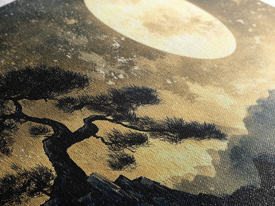 Bonzai Tree Under a Full Moon, Framed Canvas Print Ready To Hang, Minimalist Wabi Sabi Japanese Style Artwork, Above Sofa Wall Art, Home Decor