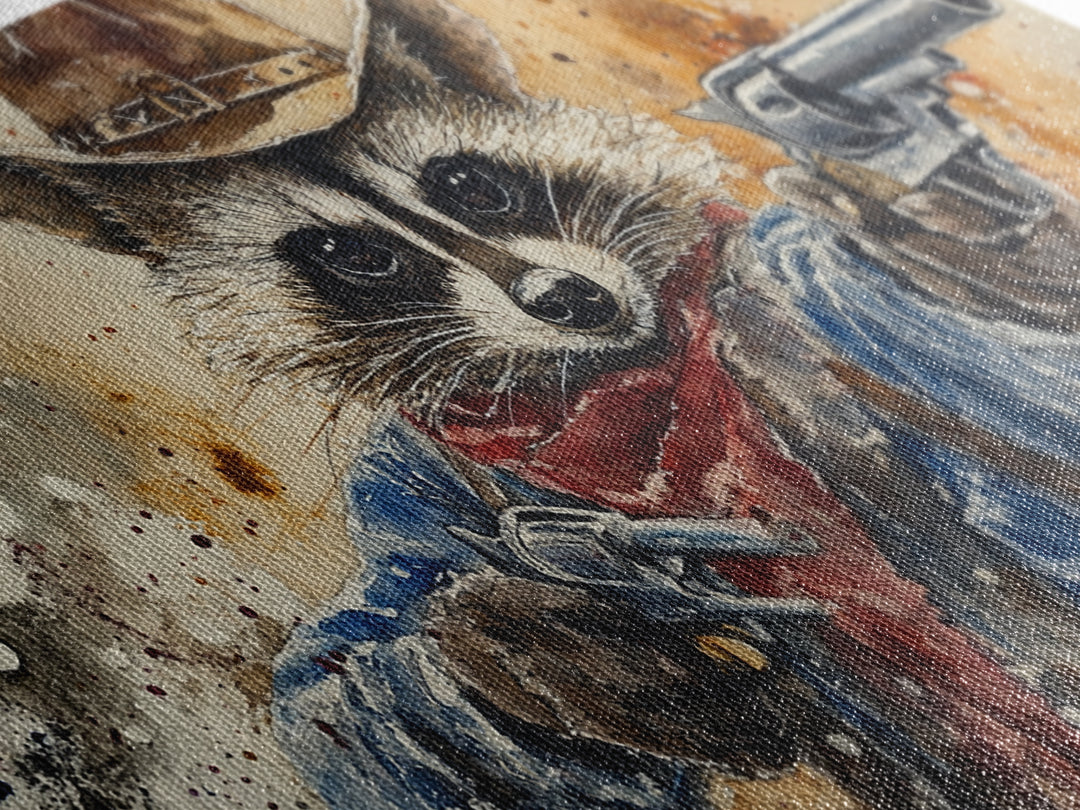 Rootin' Tootin' Cowboy Shootin' Wildwest Cowboy Raccoon Canvas Print - Racoon Painting - Cowboy Raccoon