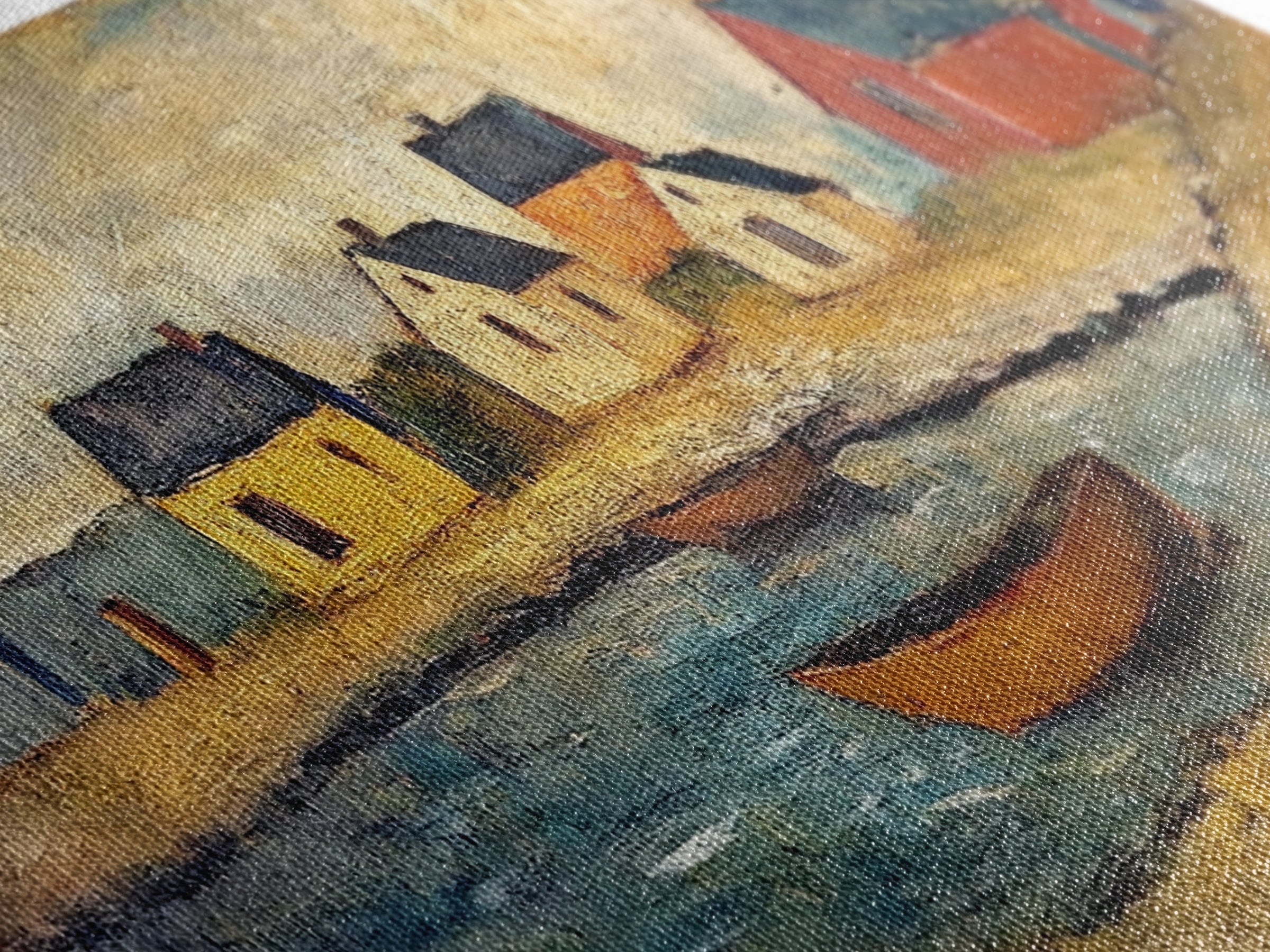Nautical Landscape Canvas Print, 19th Century Folk Art Seascape Painting, Nautical Decor, Retro Minimalist Seaside Village Oil Painting