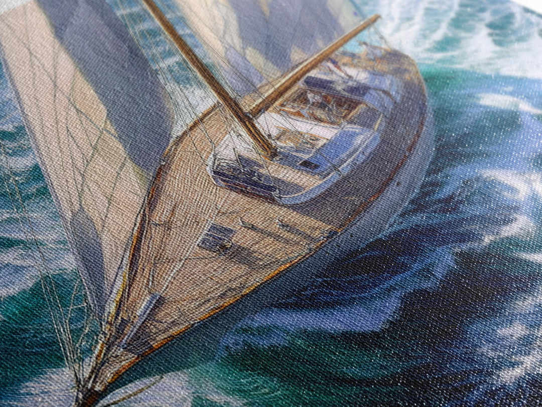 Bird's Eye View of a Retro Sailboat Painting Print, Sailboat Wall Art, Nautical Decor, Sailing Gift Idea, Sailing Wall Art