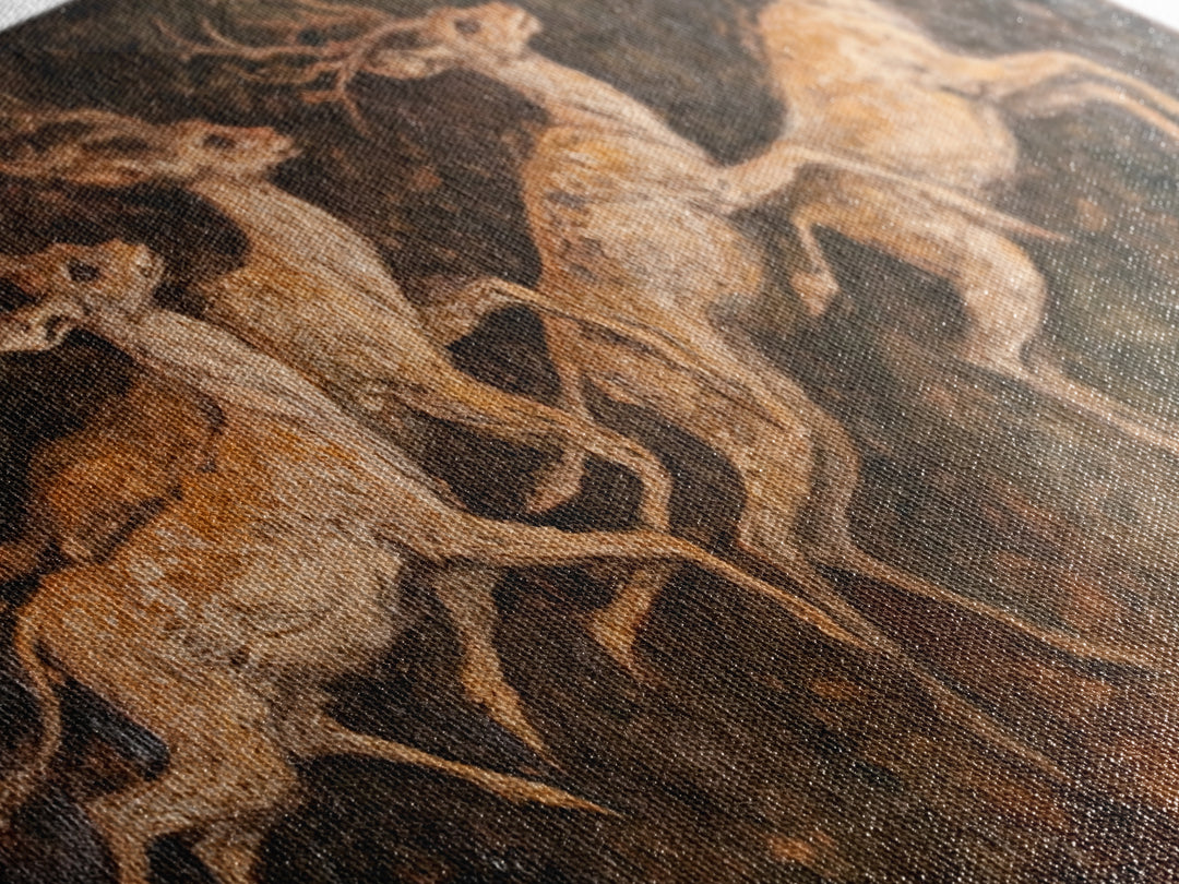 Deer In The Forest 19th Century Folk Art Style Canvas Print, Folk Art Oil Painting Print, Liminal Art, Abstract Painting Home Decor