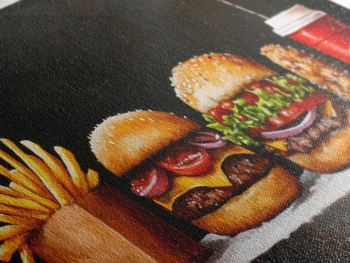 Burger and Fries Framed Canvas Print, Kitchen Canvas Art, Kitchen Wall Art, Burger Painting, Burger Art, Dining Room Wall Art