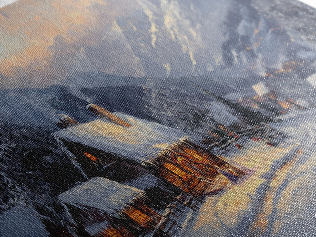 Christmas Mountain Village Oil Painting Print, Framed Canvas, Retro Christmas, Christmas Mountain Landscape Painting, Christmas Art