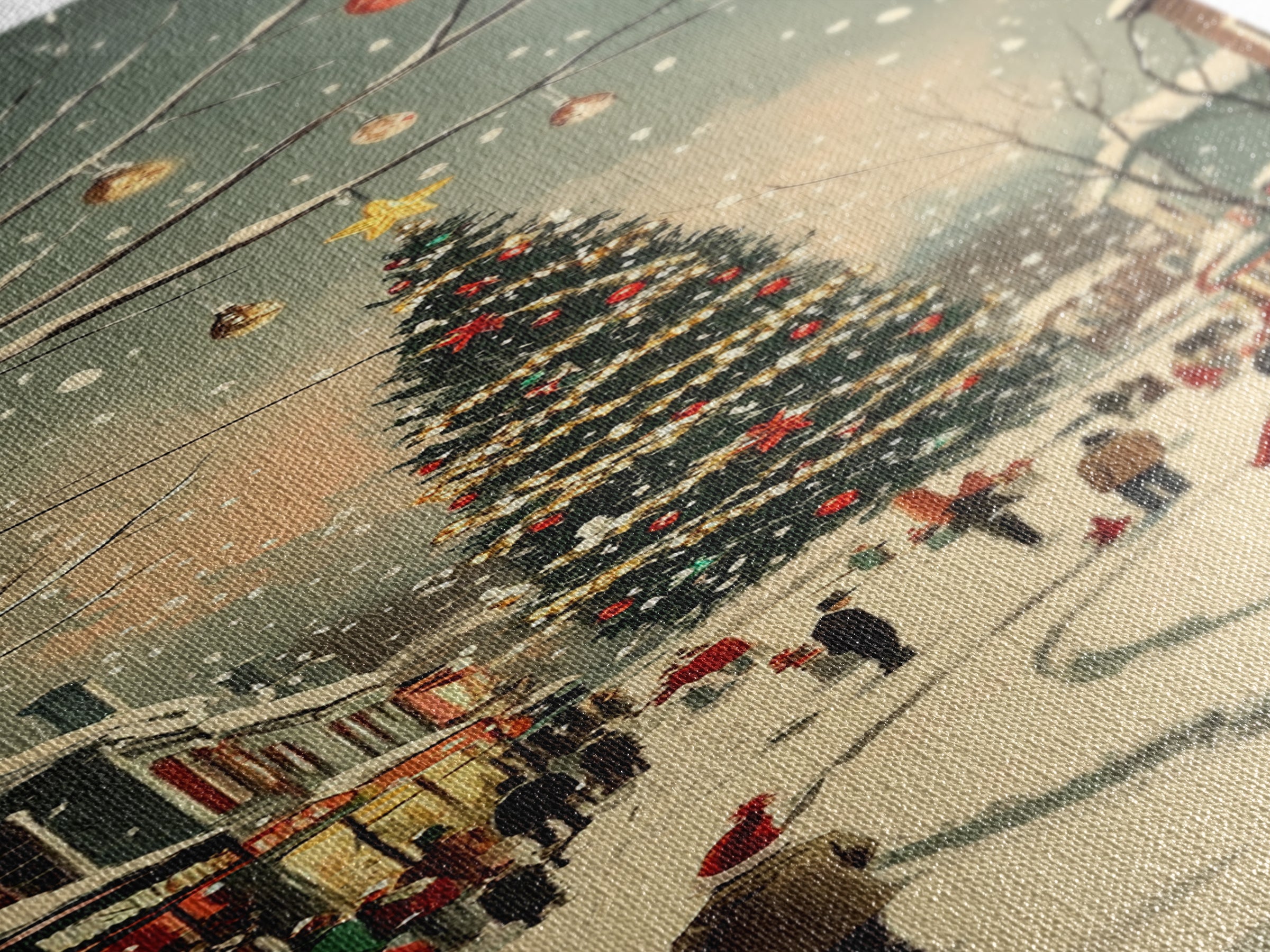 Christmas tree town square painting festive holiday decor framed canvas print, classic winter village, nostalgic seasonal wall art