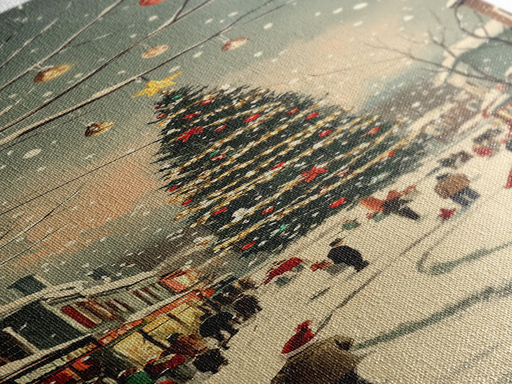 Christmas tree town square painting festive holiday decor framed canvas print, classic winter village, nostalgic seasonal wall art